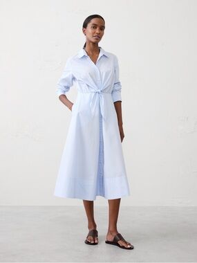 Light Blue Cotton Poplin Shirt Dress Petite M Midi Tie Waist A-Line Minimalist